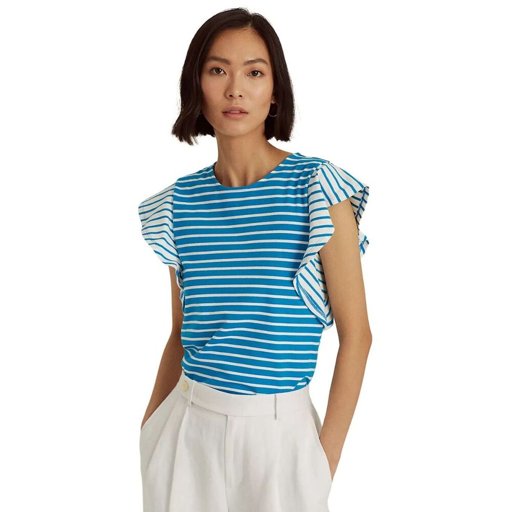 NWT Lauren by Ralph Lauren Blue Striped Ruffled Blouse Sz L
